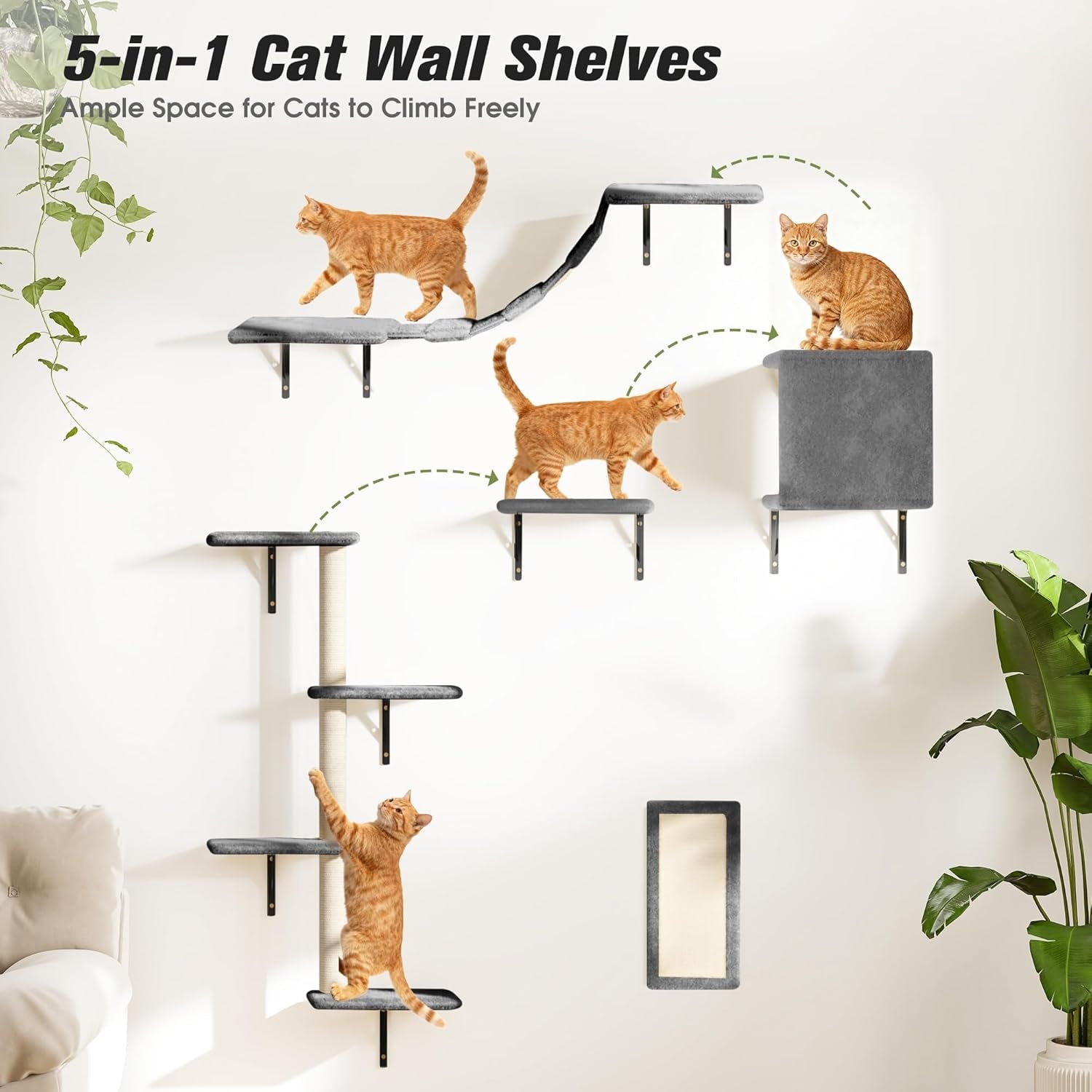 5-Piece Cat Tree Set with Wall Mounted Cat Shelves, Cat Scratching Post & Cat Wall Furniture, Multi-Functional Indoor Cat Jungle Gym, Essential for Cat Room, Suitable for Large Cats(Grey)
