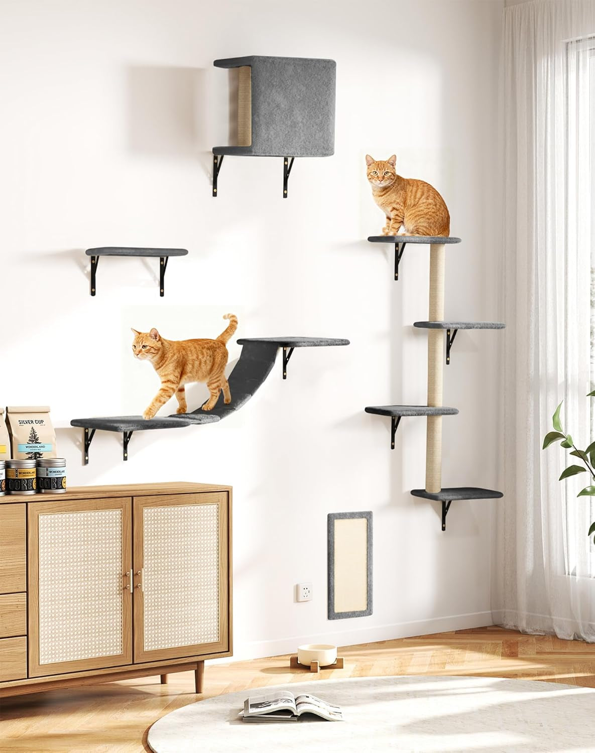 5-Piece Cat Tree Set with Wall Mounted Cat Shelves, Cat Scratching Post & Cat Wall Furniture, Multi-Functional Indoor Cat Jungle Gym, Essential for Cat Room, Suitable for Large Cats(Grey)