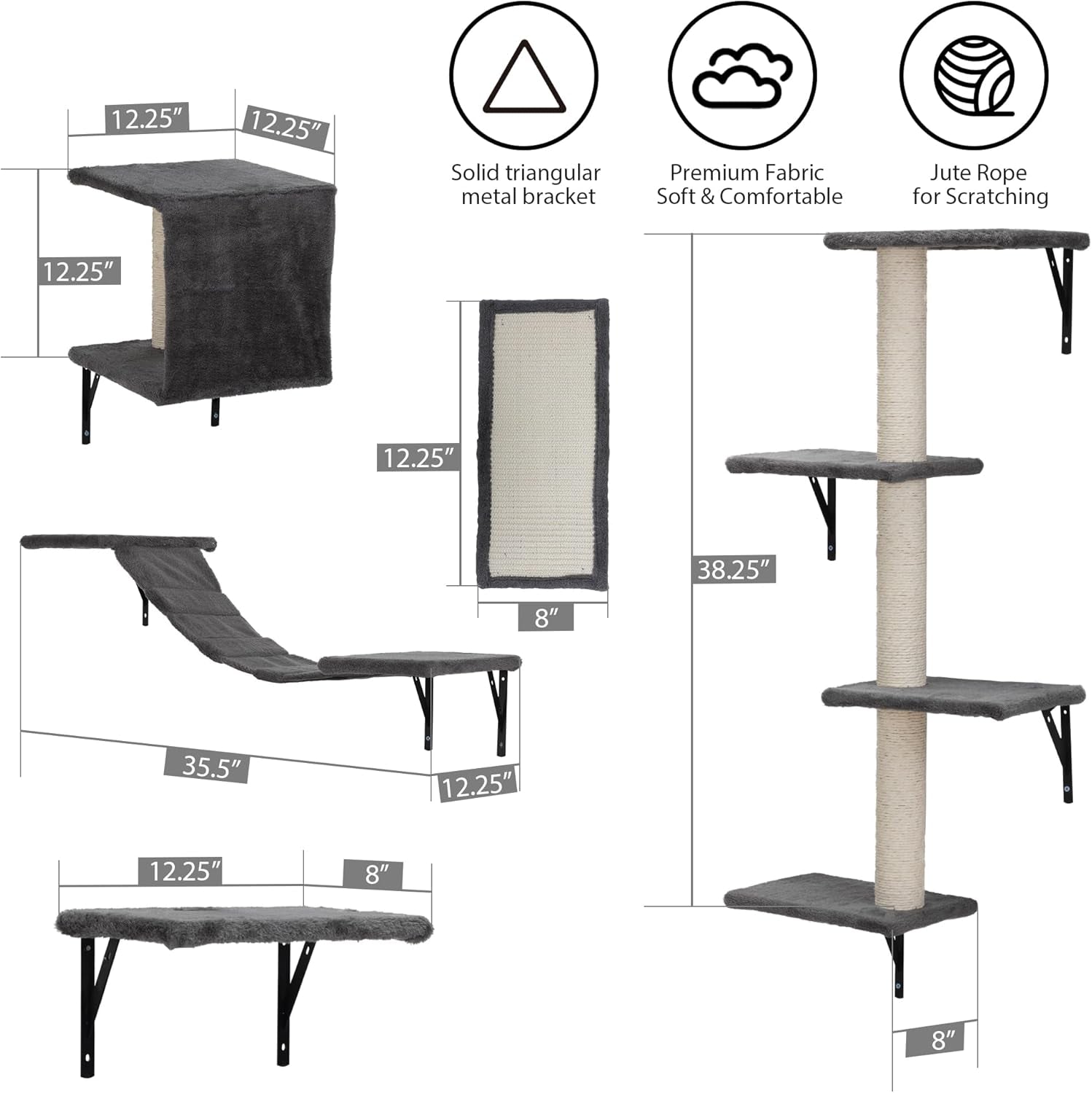 5-Piece Cat Tree Set with Wall Mounted Cat Shelves, Cat Scratching Post & Cat Wall Furniture, Multi-Functional Indoor Cat Jungle Gym, Essential for Cat Room, Suitable for Large Cats(Grey)