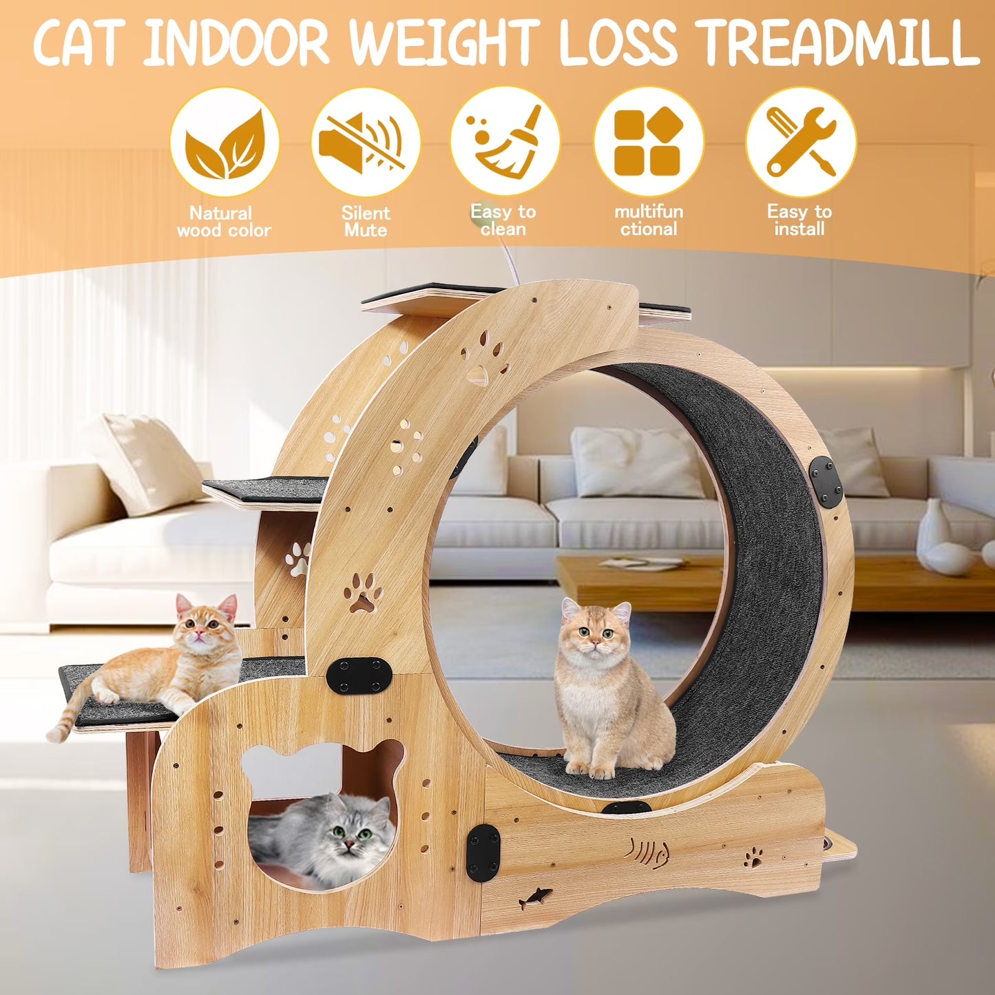 Pawspint 6-In-1 Cat Exercise Wheel, Upgraded Indoor Cat Running Wheel with Silent Track, Large Cat Treadmill for Exercise & Play, Cat Walking Wheel, Cat Furniture & Cat Toy