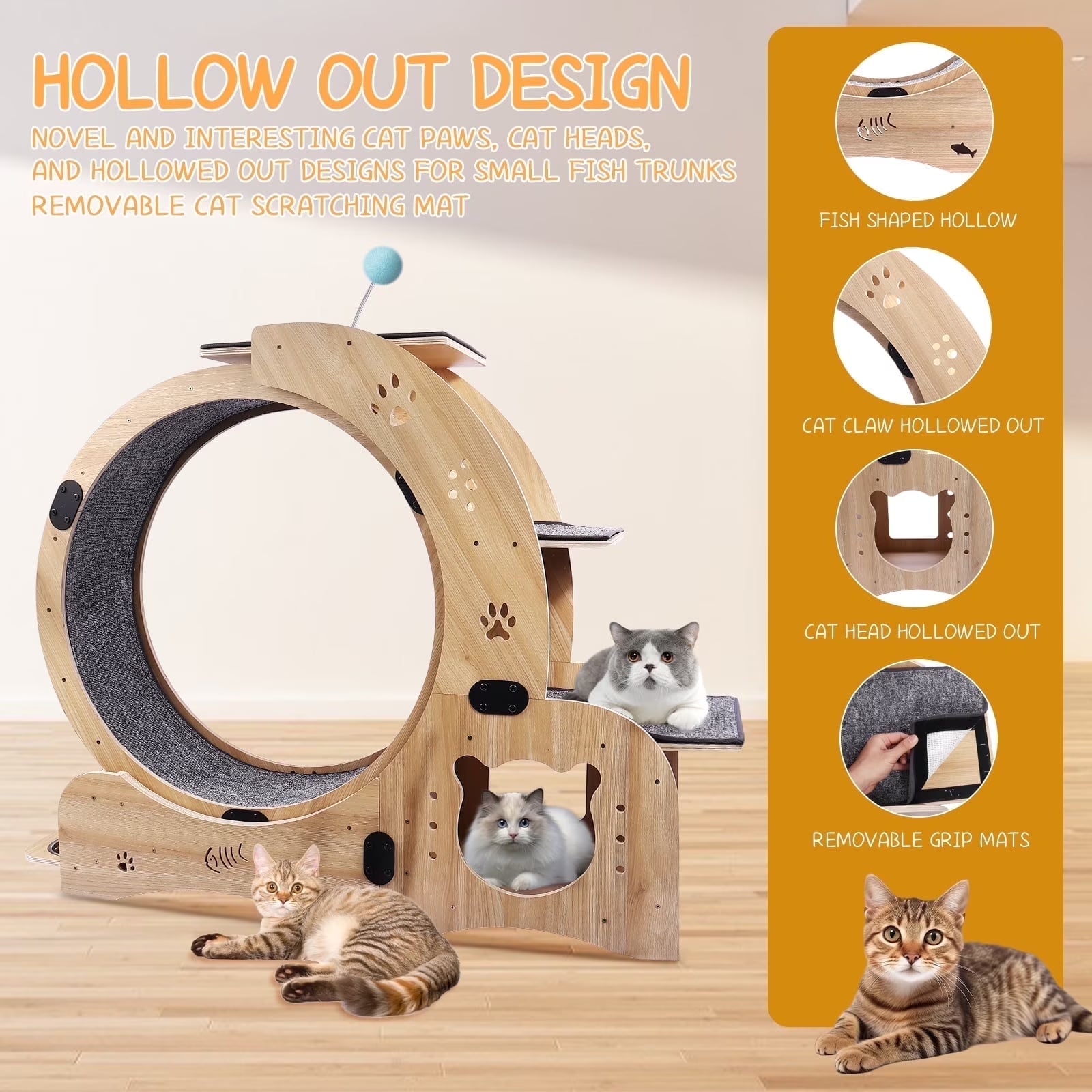 Pawspint 6-In-1 Cat Exercise Wheel, Upgraded Indoor Cat Running Wheel with Silent Track, Large Cat Treadmill for Exercise & Play, Cat Walking Wheel, Cat Furniture & Cat Toy