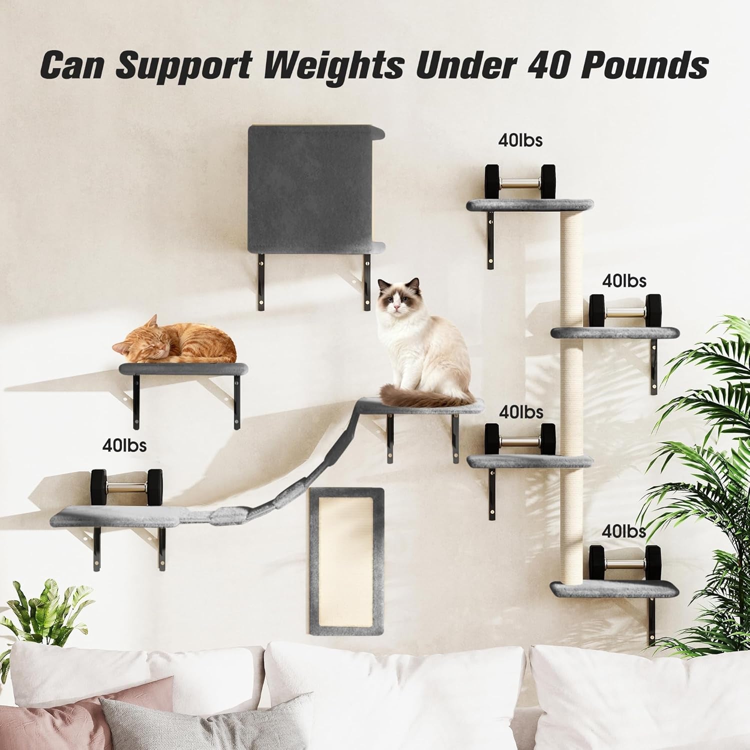 5-Piece Cat Tree Set with Wall Mounted Cat Shelves, Cat Scratching Post & Cat Wall Furniture, Multi-Functional Indoor Cat Jungle Gym, Essential for Cat Room, Suitable for Large Cats(Grey)